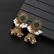 Orientalne kolczyki jhumki zielone złote cyrkonie koraliki etno boho