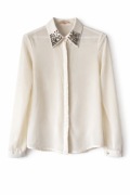 Beżowa kremowa prześwitująca koszula z ozdobnymi kołnierzykiem Solange S