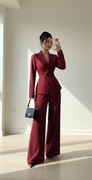 Elegancki komplet bordowy damski elegancki biurowy spodnie marynarka