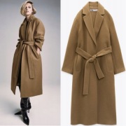 ZARA płaszcz z paskiem, LIMITED EDITION, tkanina z wełną, beż/karmel XS / S