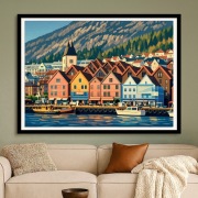 Norwegia - Bergen - Kolorowe Nabrzeże i Port - Art Deco 60x40cm