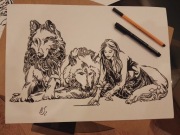 Rys: kobieta z wilkami, cienkopis - b. tech. A3