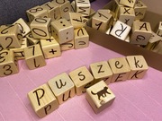 Drewniane klocki alfabet, cyferki, gra, eko