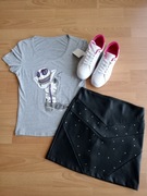 Szara bluzka na krótki rękaw print nadruk rozmiar XS 34 cekiny