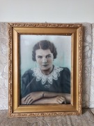 Stary obraz portret kobiety babki prababki ozdobna rama antyk vintage 