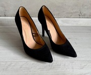 Atmosphere zamszowe czarne buty na obcasie czółenka szpilki klasyczne  37
