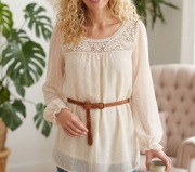 Peacocks beżowa bluzka tunika boho XL 42 haft w groszki luźna casual