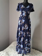 Vintage piękna granatowa sukienka w kwiaty ok. XS/S 34/36maxi C&A