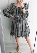 krótka sukienka wiskozowa we wzory z bufiastymi rękawami i paskiem 44