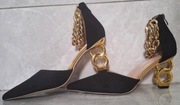 EXTRA buty szpilki sandały złoty obcas łańcuszki eleganckie czarne 42 