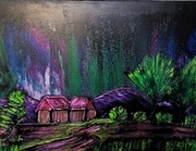 Krajobraz ręcznie malowany strukturalny 3D noc zorza rzeka 60 na 80