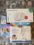 Zestaw laktator ręczny, wkładki laktacyjne, woreczki, smoczki