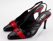 czarne skórzane czółenka damskie z czerwoną wstawką i sprzączką, rozm.38