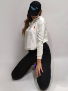 Krótka bluza z kapturem i kieszeniami biała cropped z haftowany lisem neon