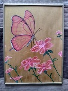 Obraz akrylowy ręcznie malowany, "motyl i  kwiaty", w ramce.
