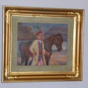 Obraz - olejny na dykcie  pt. " Krakus z koniem" 