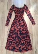 36 długa czarna czerwona siateczkowa sukienka maxi w kwiaty zimowa na zime