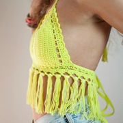 Szydełkowy crop top z frędzlami  Ażurowy letni S