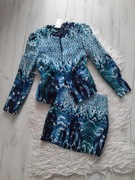 Piękny niebieski komplet marynarka i spódnica z bawełny XS 34