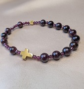 Bordo bransoletka różaniec kamienie granat hematyt krzyżyk serduszko prezen