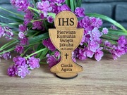 KOMUNIA drewniane podziękowanie winietka prezent dla gości stojąca figurka