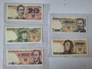 Banknoty PRL zestaw 20, 50, 100, 200, 500 zł, lata 1982-1988, stan bankowy