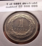 1 złoty 1991 rok destrukt mennicza UNC