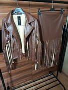 Komplet z frędzlami ramoneska spódnica brązowy.