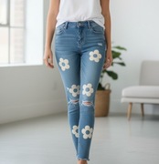 Jeansy flowers push up premium denim - kwiatowe aplikacje L