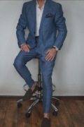 Lniany Garnitur Męski H&M | Jasny Granat | 100% Len | Rozmiar 52 Slim Fit