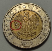 5 zł 2015, destrukt, ładne wykruszenie stempla