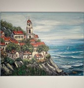 Miasto nad morzem obraz olejny ręcznie malowany. 