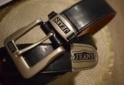 Pasek ,, Jeans'' z metalową klamrą i końcówką , gruby z podszewką skórzaną