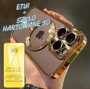 Etui iPhone 13 MagSafe Przezorczyste Złota Ramka Ochrona Aparatu+ szkło