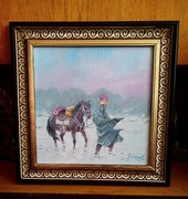 UŁAN Z KONIEM-OBRAZ OLEJNY NA PŁÓTNIE, -J. KOSSAK 40X40 