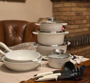 KOMPLET GARNKÓW MARMURKOWYCH NA INDUKCJĘ GAZ ZESTAW GARNEK PATELNIA 21 EL.