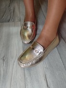(41) Złote mokasyny  letnie baleriny wieczorowe na szeroką stopę, NOWE 