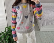 NXG szary wełniany sweter w kolorowe serca paski 80% lambswool, 20% nylon M