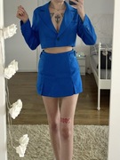 Elegancki komplet granatowy marynarka spódnicospodnie xs