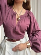Bluzka damska fioletowa bufiaste rękawy elegancka premium oldmoney L