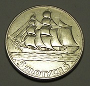 5 złotych 1936 r Żaglowiec - srebro