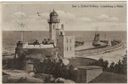 Widokówka - Niemcy - z1930 Kołobrzeg, widok na port Dom Pilota i morze.