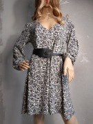 biała sukienka damska w czarne kwiaty we wzory długi rękaw L krótka damska 