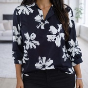 Elegancka bluzka czarna w białe kwiaty M L oversize 