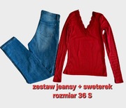 Zestaw jeansy niebieskie + sweterek czerwony S 36 