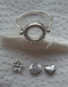 Zestaw:pierścionek ( otwierany medalion)+ trzy petitki Pandora