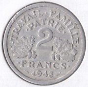 FRANCJA VICHY 2 franki 1943, KM# 904, VF