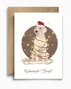 Kartka świąteczna bożonarodzeniowa - Pies w lampkach