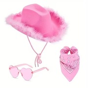 Różowy kapelusz kowbojski, chusta i okulary.