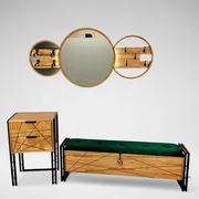 Zestaw dębowy – ławka, szafka, lustro LED, stal, tapicerka, loft